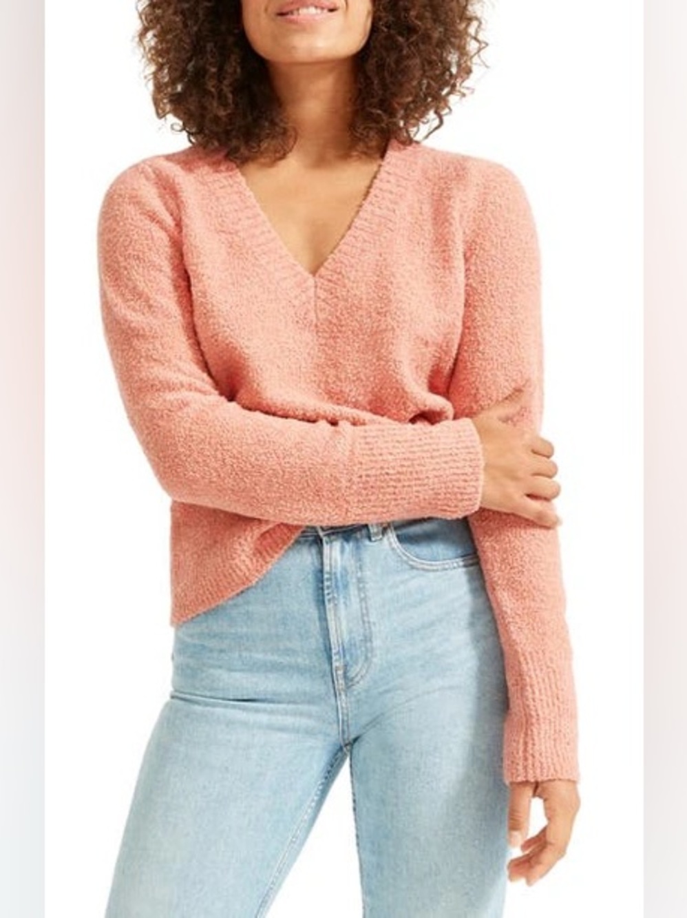 Everlane The Teddy Wool Blend V-Neck Sweater Heathered Coral Pink Cozy Fuzzy